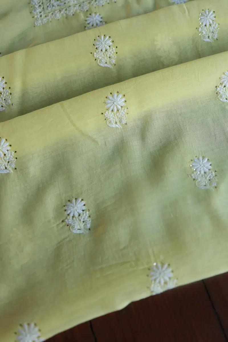 Lemon Yellow Mal Cotton Chikankari Unstitched Kurta Dupatta Fabrics With Kamdani