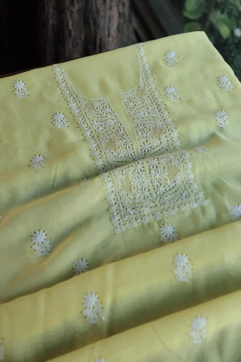 Lemon Yellow Mal Cotton Chikankari Unstitched Kurta Dupatta Fabrics With Kamdani