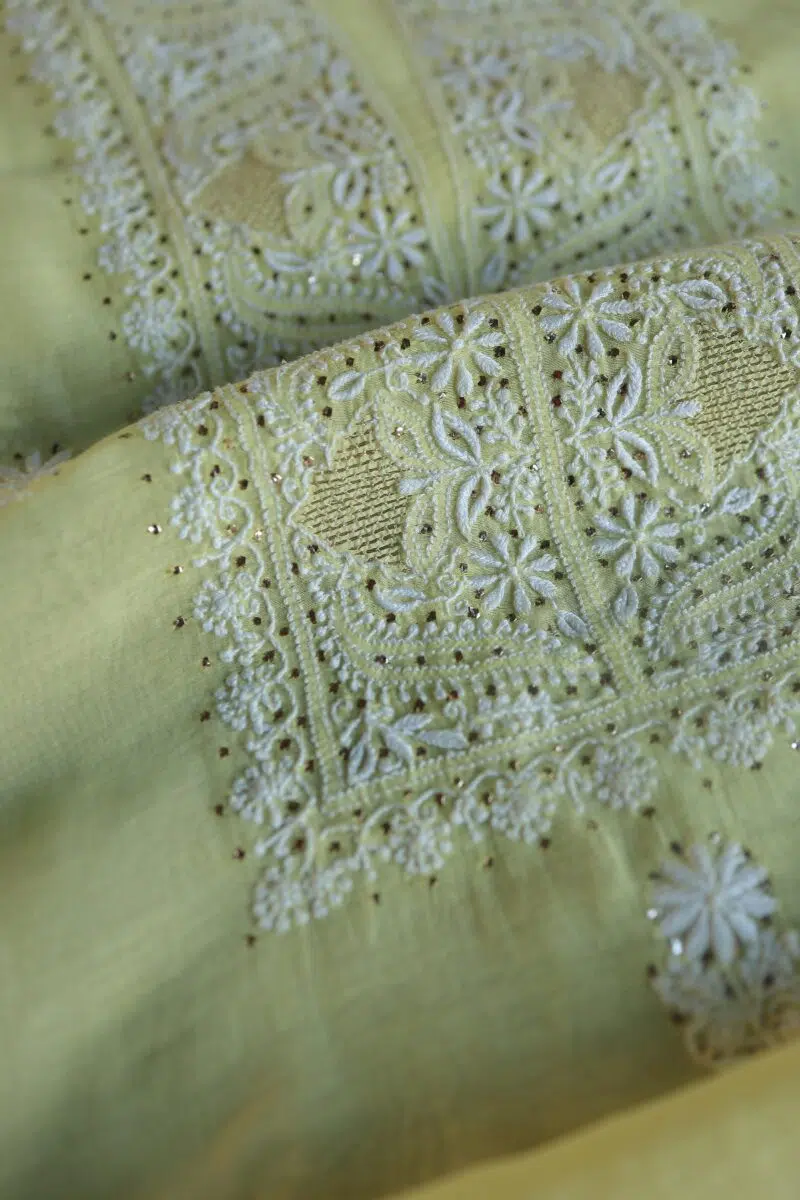 Lemon Yellow Mal Cotton Chikankari Unstitched Kurta Dupatta Fabrics With Kamdani