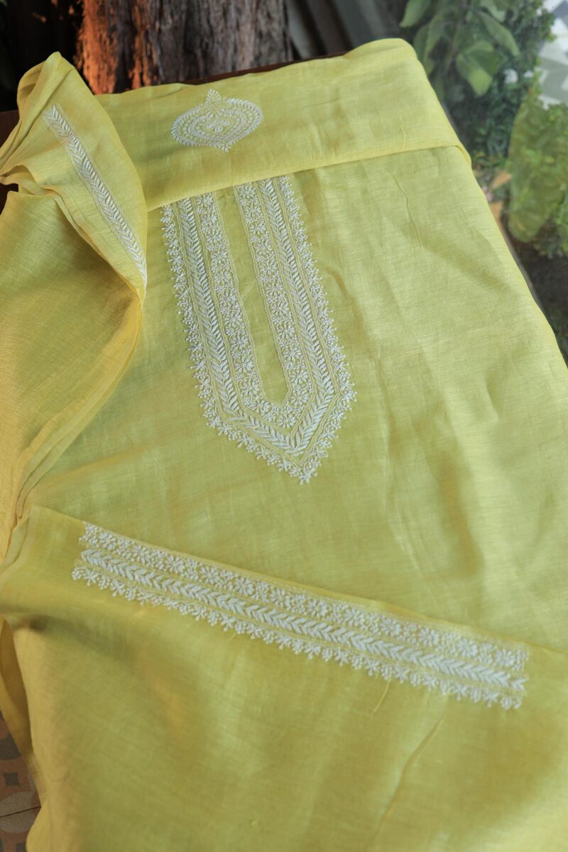 Lime Green Linen Chikankari Unstitched Men's Kurta Fabric