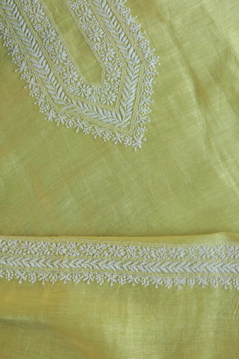 Lime Green Linen Chikankari Unstitched Men's Kurta Fabric