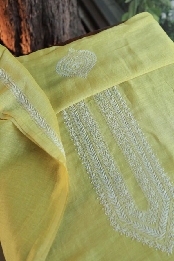 Lime Green Linen Chikankari Unstitched Men's Kurta Fabric