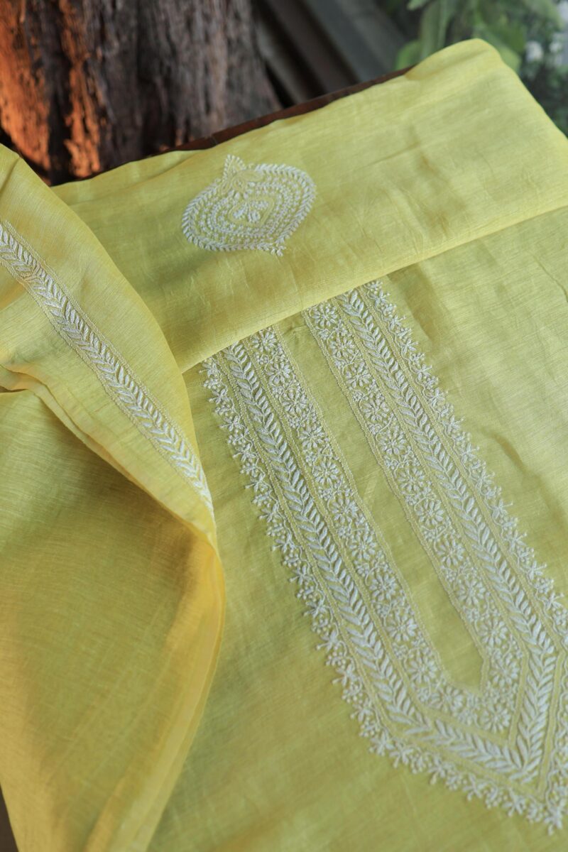 Lime Green Linen Chikankari Unstitched Men's Kurta Fabric