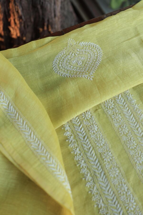 Lime Green Linen Chikankari Unstitched Men's Kurta Fabric - Image 3