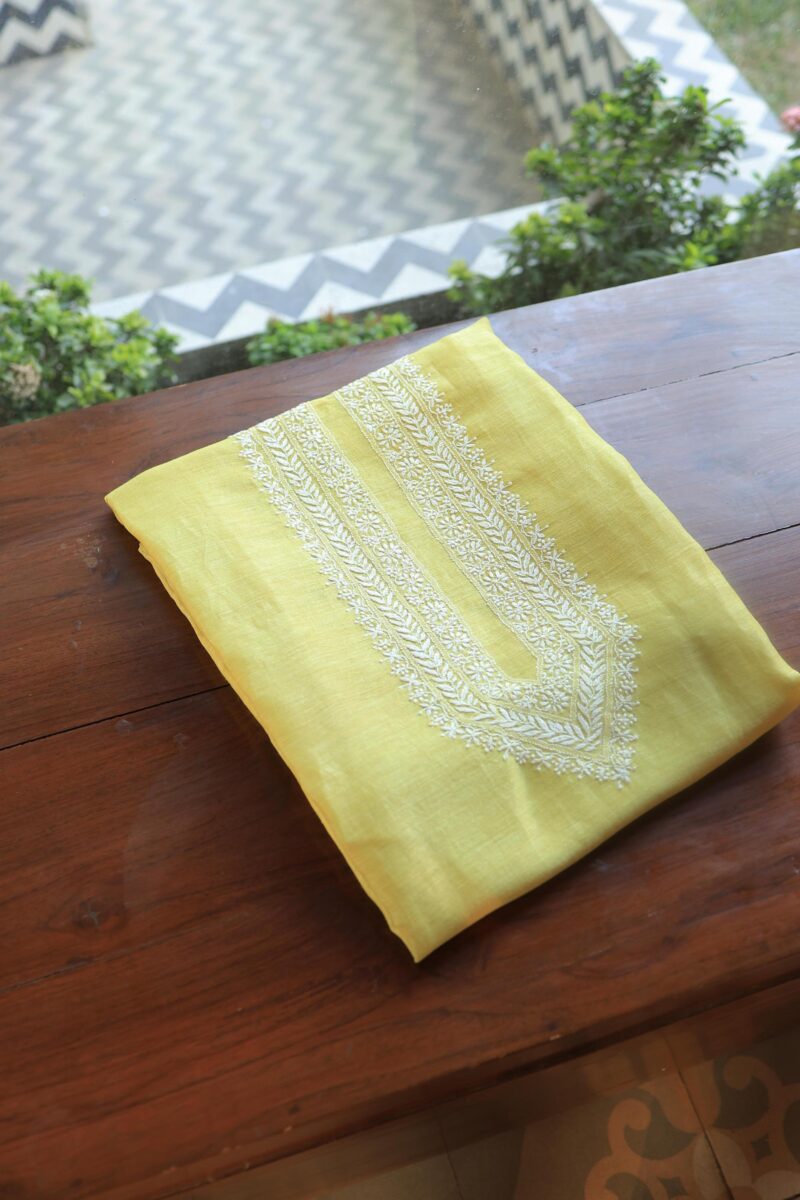 Lime Green Linen Chikankari Unstitched Men's Kurta Fabric