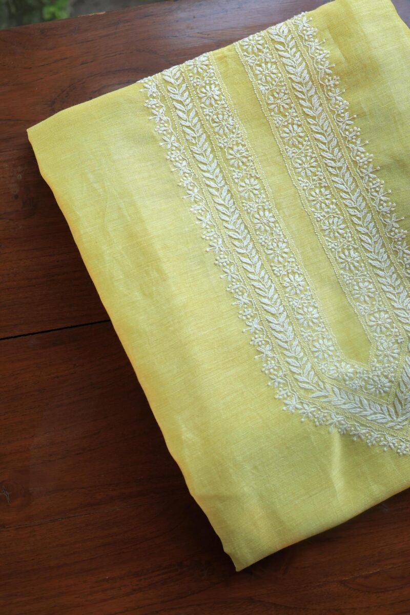 Lime Green Linen Chikankari Unstitched Men's Kurta Fabric
