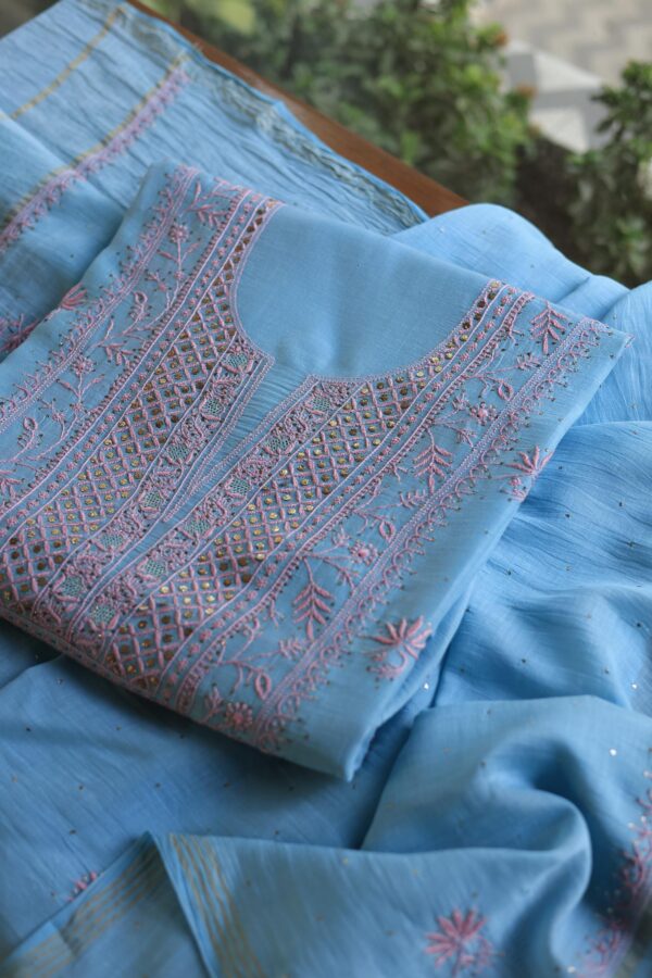 Malmal Cotton Fine Chikankari Kamdani Unstitched Fabrics - Image 4