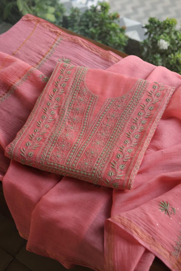Malmal Cotton Fine Chikankari Kamdani Unstitched Fabrics - Image 2
