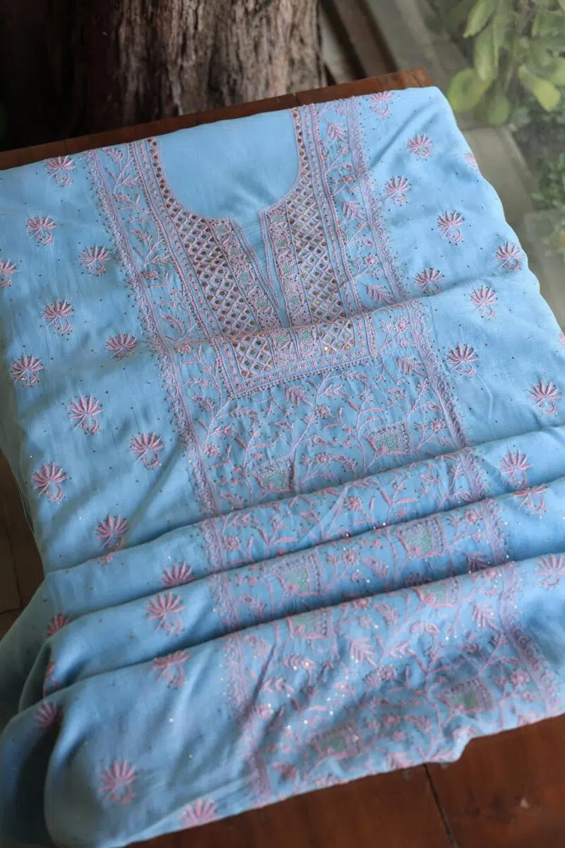 Malmal Cotton Fine Chikankari Kamdani Unstitched Fabrics