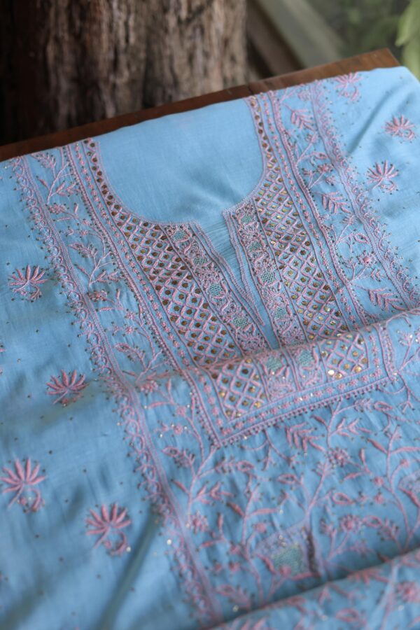 Malmal Cotton Fine Chikankari Kamdani Unstitched Fabrics - Image 8