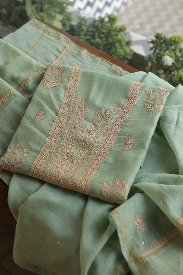 Malmal Cotton Fine Chikankari Kamdani Unstitched Fabrics - Image 3