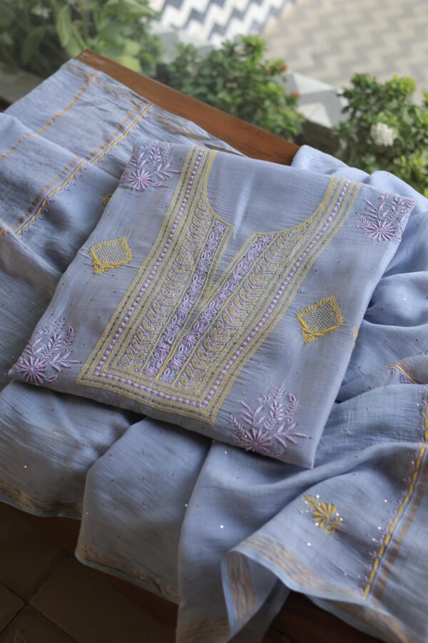 Malmal Cotton Fine Chikankari Kamdani Unstitched Fabrics - Image 10