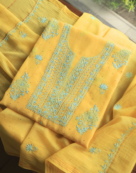 Malmal Cotton Fine Chikankari Kamdani Unstitched Fabrics