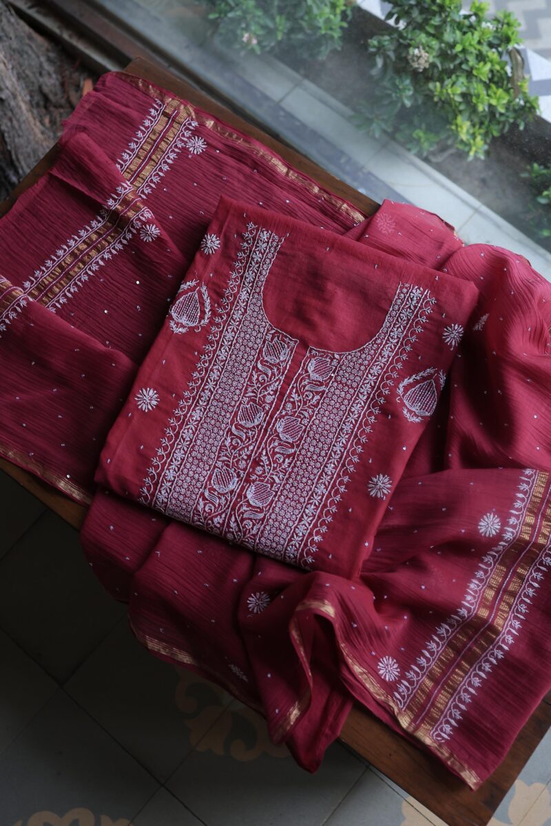 Malmals Pearl Work Fine Chikankari Unstitched Fabrics