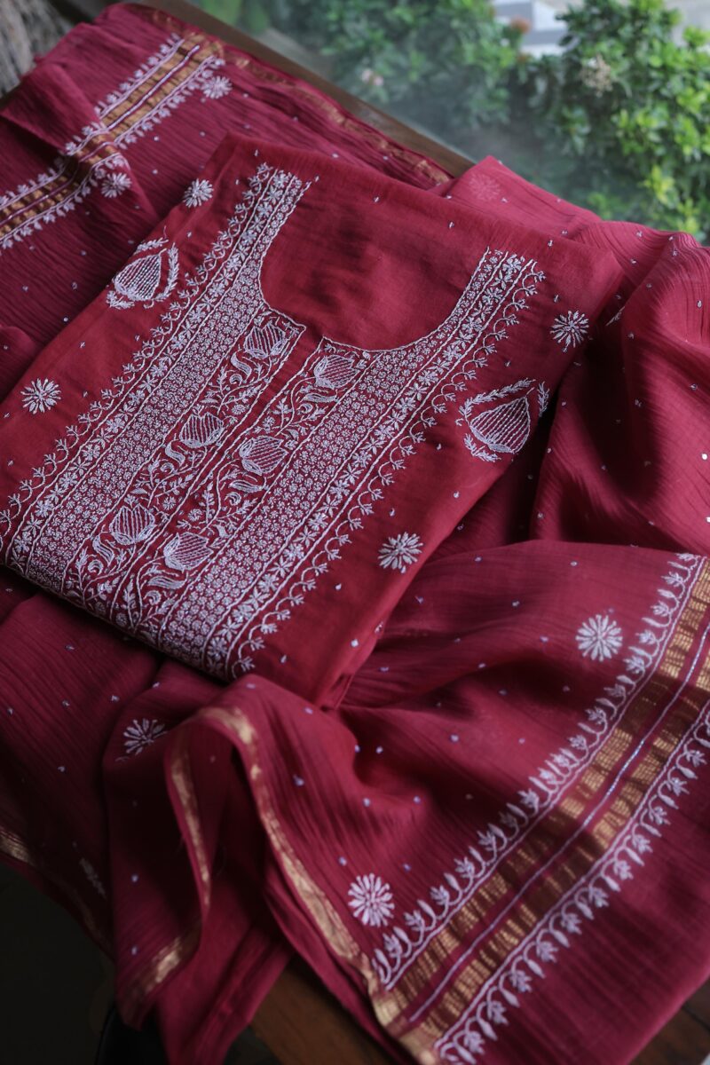 Malmals Pearl Work Fine Chikankari Unstitched Fabrics