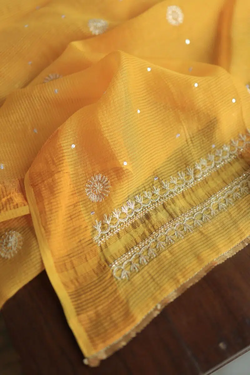 Mango Yellow Banarasi Zari Chanderi Unstitched Chikankari Fabrics