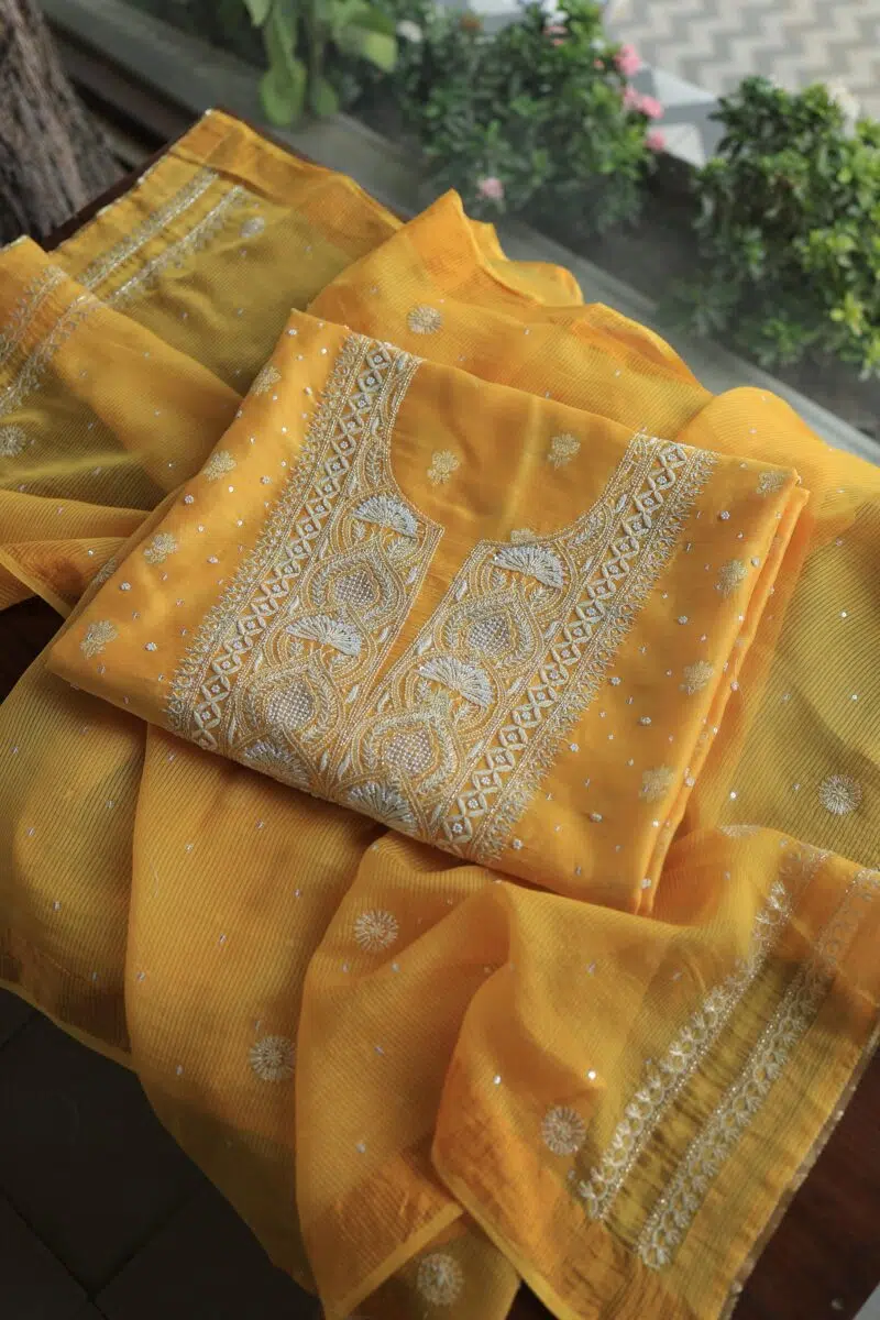 Mango Yellow Banarasi Zari Chanderi Unstitched Chikankari Fabrics