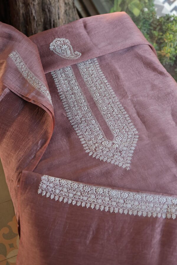 Mauve Linen Chikankari Unstitched Men's Kurta Fabric - Image 6