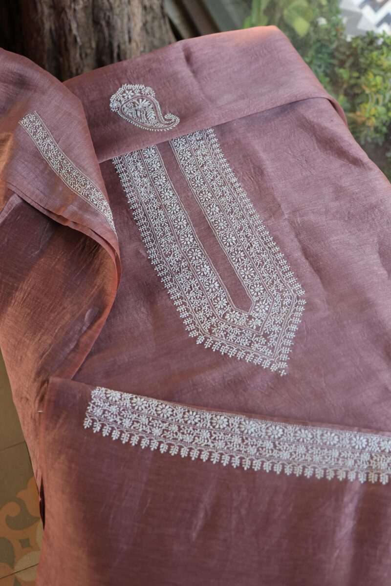 Mauve Linen Chikankari Unstitched Men's Kurta Fabric