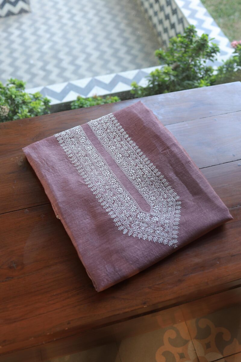 Mauve Linen Chikankari Unstitched Men's Kurta Fabric