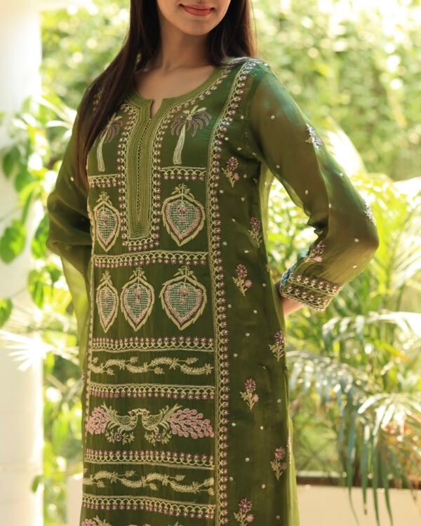 Noor Organza Silk Chikankari Straight Cut Kurta Dupatta Set - Image 2