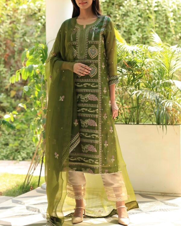 Noor Organza Silk Chikankari Straight Cut Kurta Dupatta Set - Image 11
