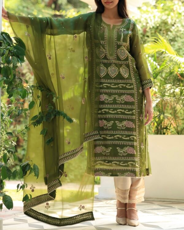 Noor Organza Silk Chikankari Straight Cut Kurta Dupatta Set