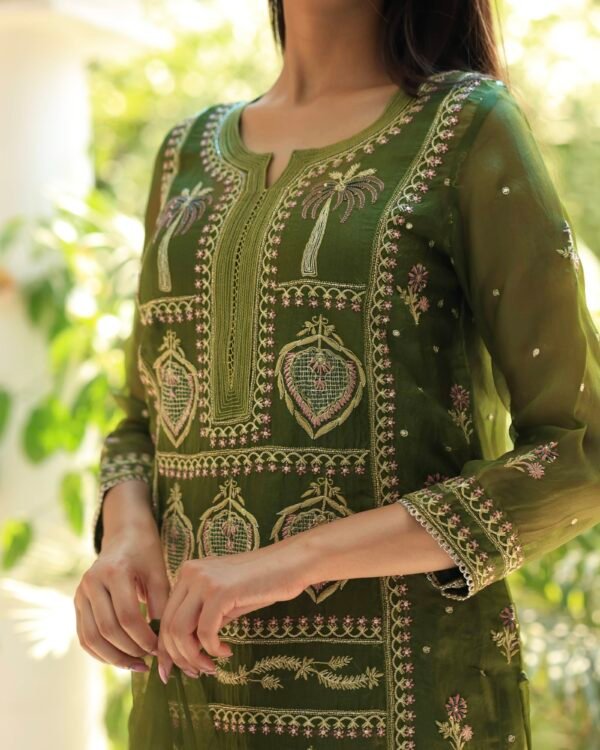 Noor Organza Silk Chikankari Straight Cut Kurta Dupatta Set - Image 5