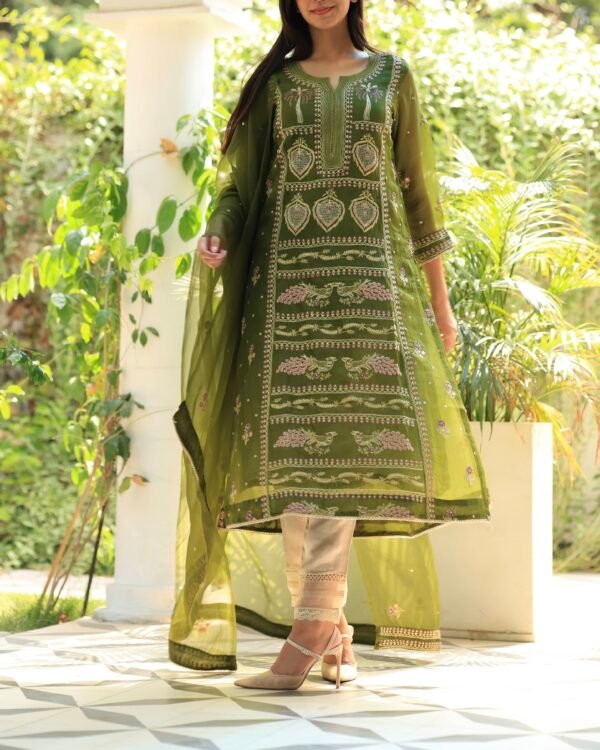Noor Organza Silk Chikankari Straight Cut Kurta Dupatta Set - Image 8