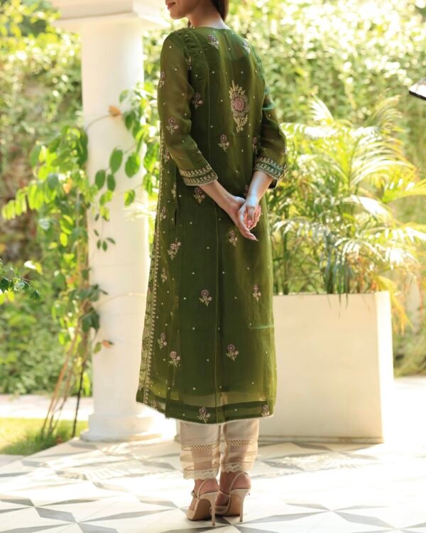 Noor Organza Silk Chikankari Straight Cut Kurta Dupatta Set - Image 9