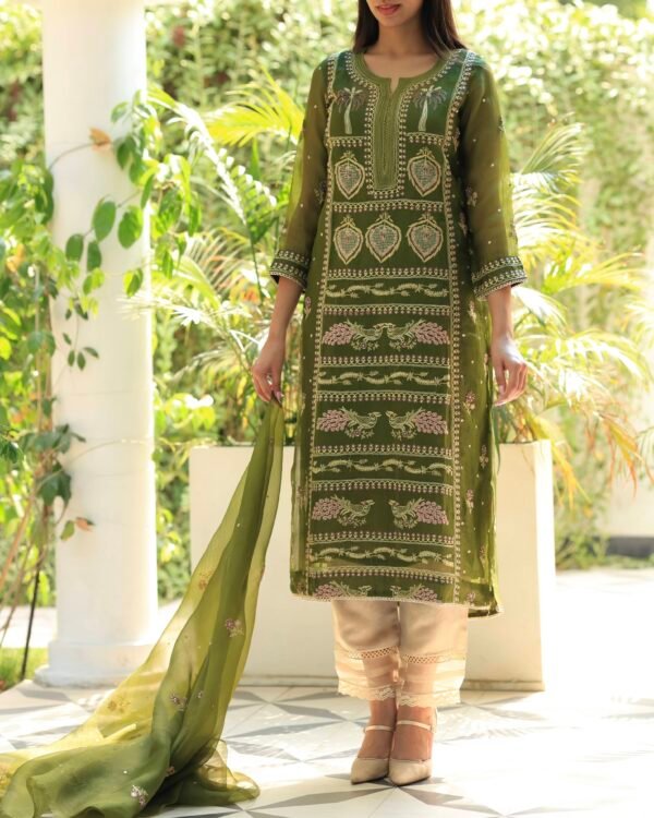 Noor Organza Silk Chikankari Straight Cut Kurta Dupatta Set - Image 10