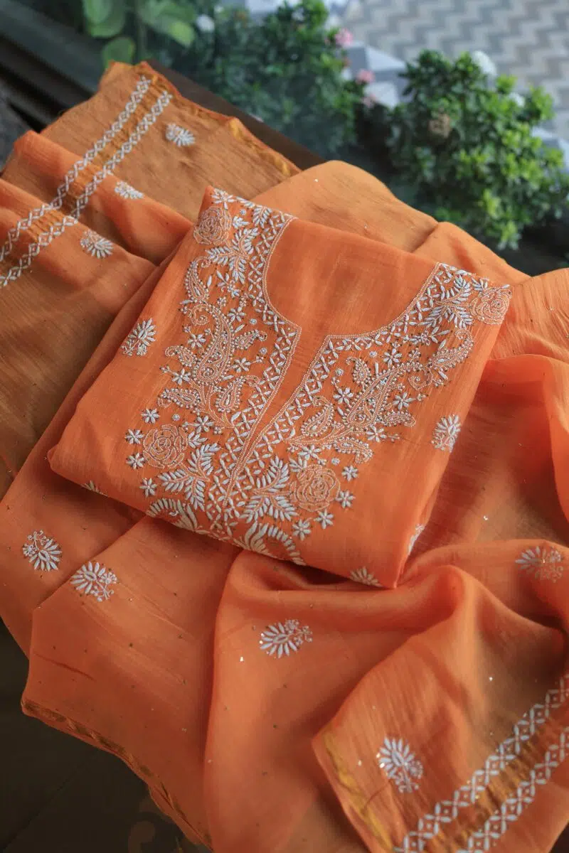 Orange Mal Cotton Chikankari Unstitched Kurta Dupatta Fabrics With Kamdani
