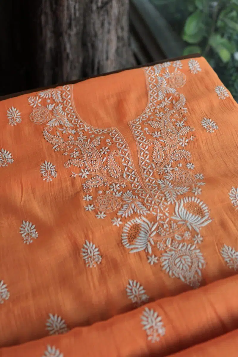 Orange Mal Cotton Chikankari Unstitched Kurta Dupatta Fabrics With Kamdani