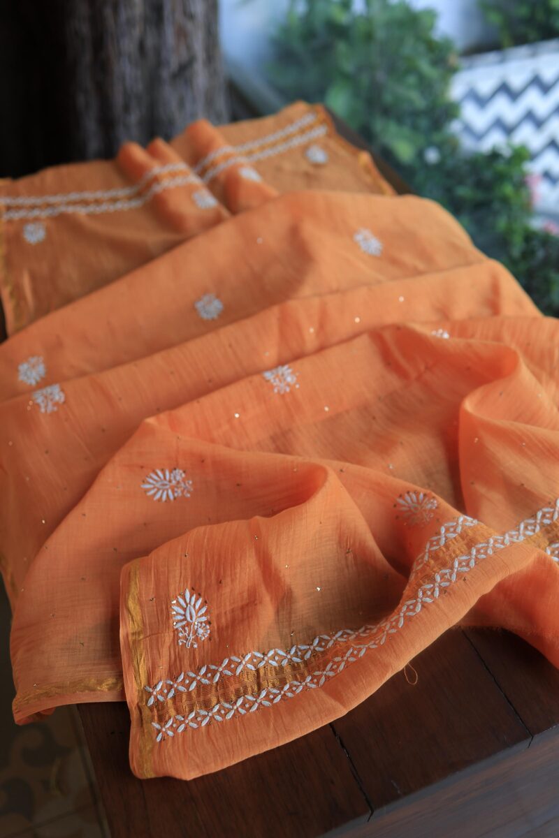 Orange Mal Cotton Chikankari Unstitched Kurta Dupatta Fabrics With Kamdani