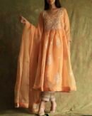 Orange Noor Organza Silk Fine Chikankari with Kamdani Ready to Wear Angarkha