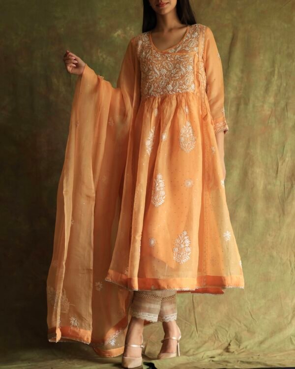 Orange Noor Organza Silk Fine Chikankari with Kamdani Ready to Wear Angarkha