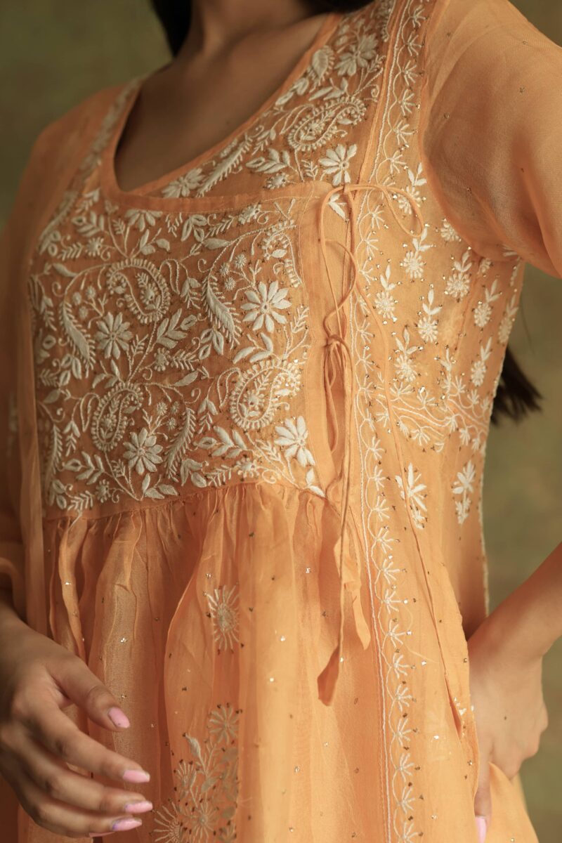 Orange Noor Organza Silk Fine Chikankari with Kamdani Ready to Wear Angarkha