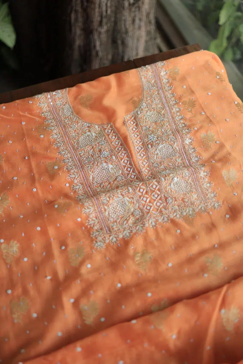 Orange Salmon Banarasi Zari Chanderi Unstitched Chikankari Fabrics