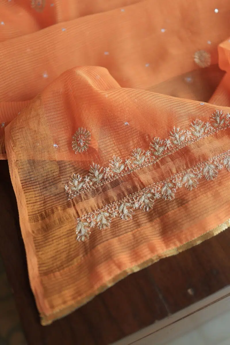 Orange Salmon Banarasi Zari Chanderi Unstitched Chikankari Fabrics