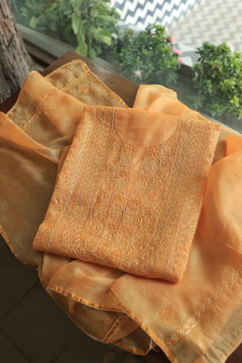 Peach Rasm Kota Tussar Chikankari Unstitched Chikankari Fabrics