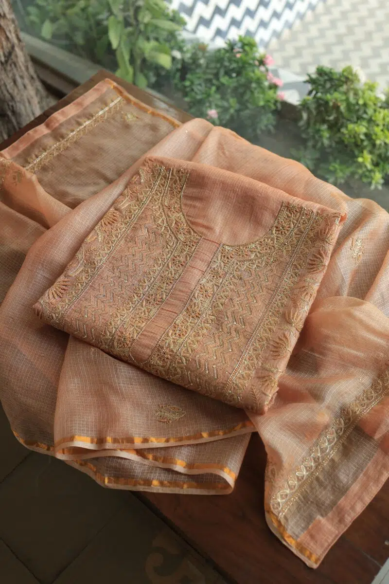 Pastel Peach Rasm Kota Tussar Chikankari Unstitched Chikankari Fabrics