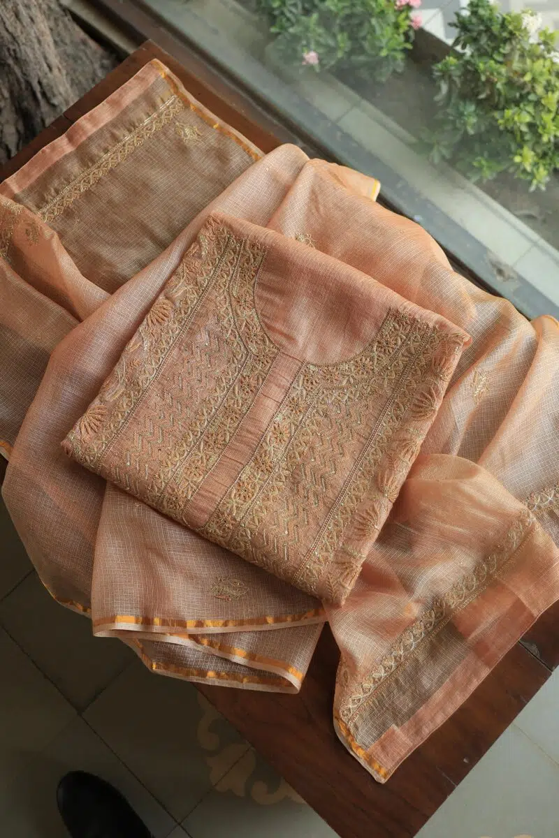 Pastel Peach Rasm Kota Tussar Chikankari Unstitched Chikankari Fabrics