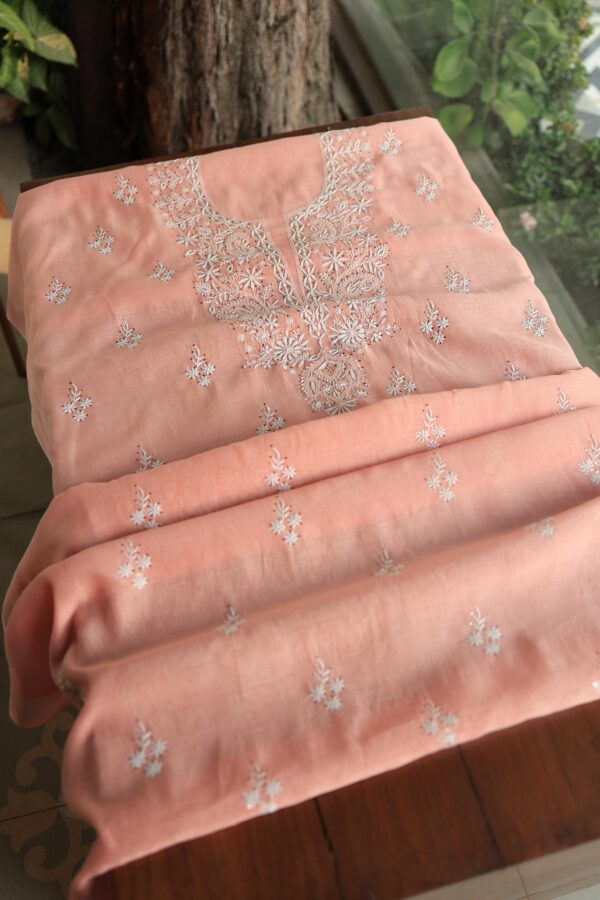 Peach Mal Cotton Chikankari Unstitched Kurta Dupatta Fabrics With Kamdani - Image 9