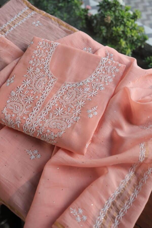 Peach Mal Cotton Chikankari Unstitched Kurta Dupatta Fabrics With Kamdani - Image 5