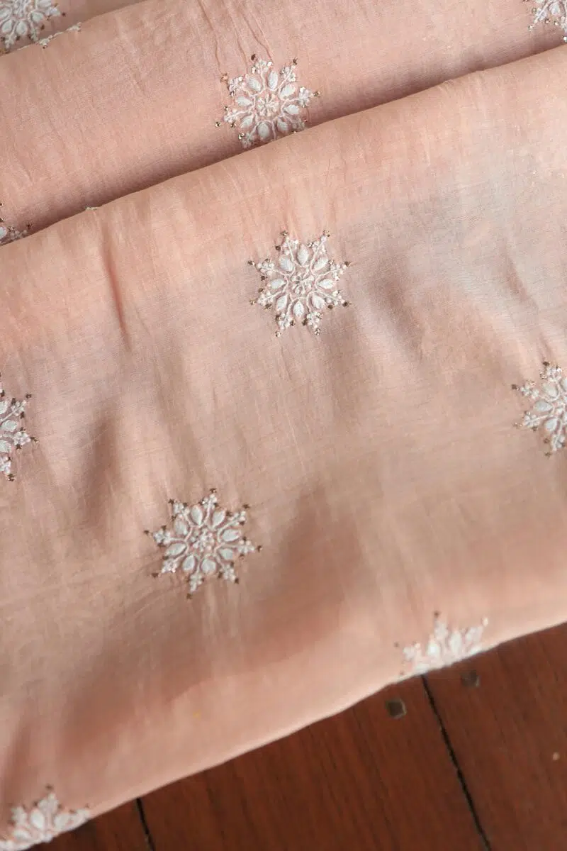 Peach Mal Cotton Chikankari Unstitched Kurta Dupatta Fabrics With Kamdani