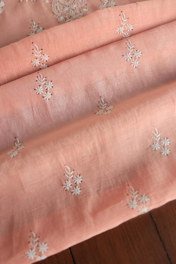 Peach Mal Cotton Chikankari Unstitched Kurta Dupatta Fabrics With Kamdani - Image 10