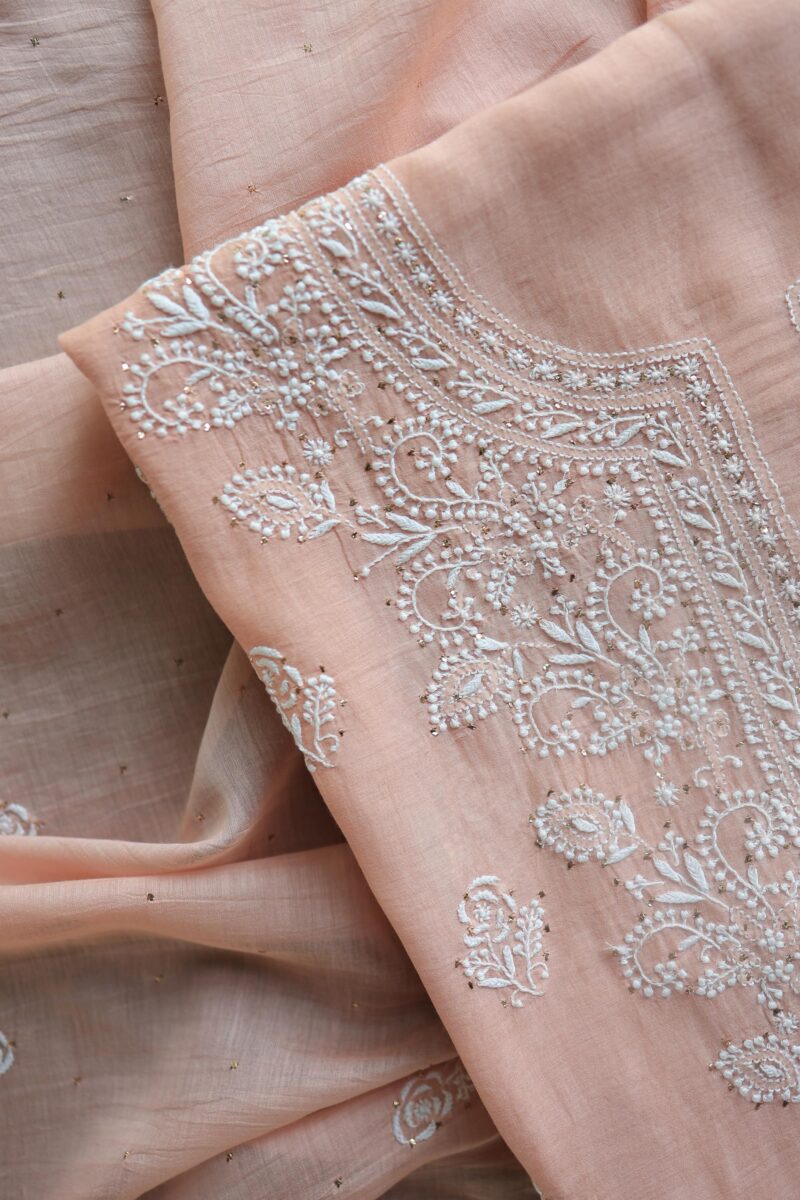 Peach Mal Cotton Chikankari Unstitched Kurta Dupatta Fabrics With Kamdani