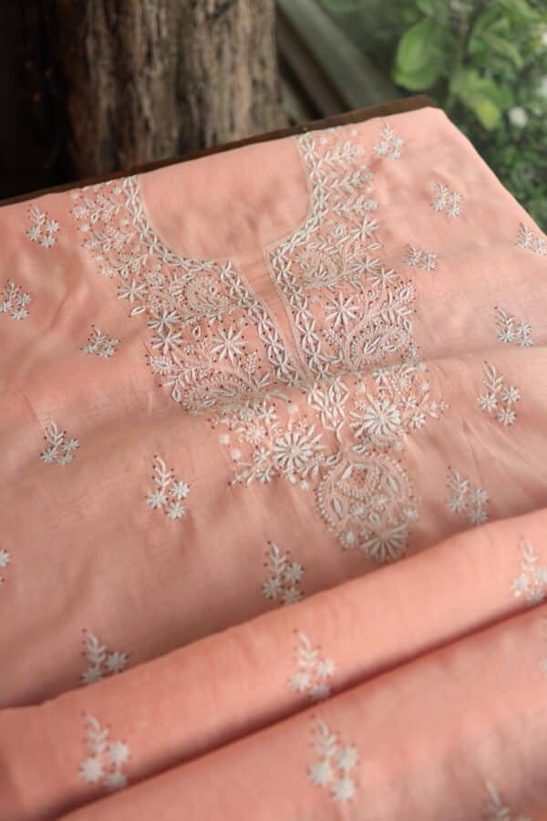 Peach Mal Cotton Chikankari Unstitched Kurta Dupatta Fabrics With Kamdani - Image 11