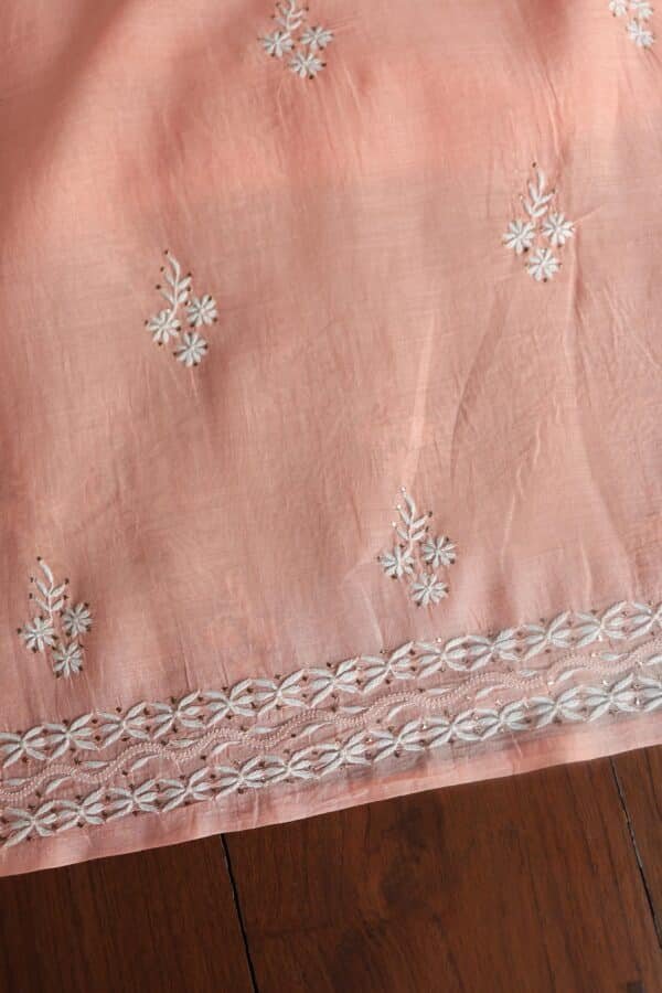 Peach Mal Cotton Chikankari Unstitched Kurta Dupatta Fabrics With Kamdani - Image 13