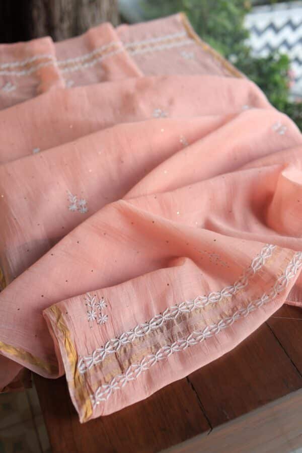 Peach Mal Cotton Chikankari Unstitched Kurta Dupatta Fabrics With Kamdani - Image 14
